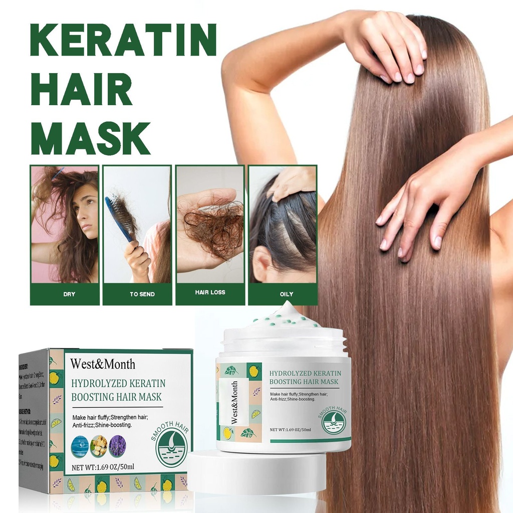 West&Month Mặt Nạ Tóc Keratin, Dưỡng Ẩm Khôi Phục Chân Tóc Chẻ Ngọn Khô và Xoăn Mượt Mà