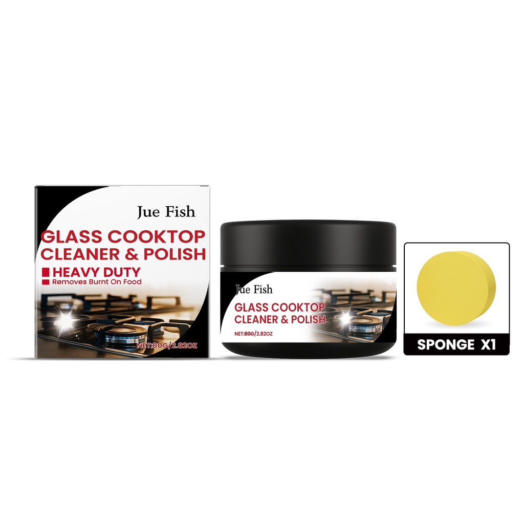 Nước làm sạch bề mặt bếp kính Jue Fish, loại bỏ các vết cháy và cặn. Phù hợp cho bếp cảm ứng bằng kính cường lực không để lại dấu vết