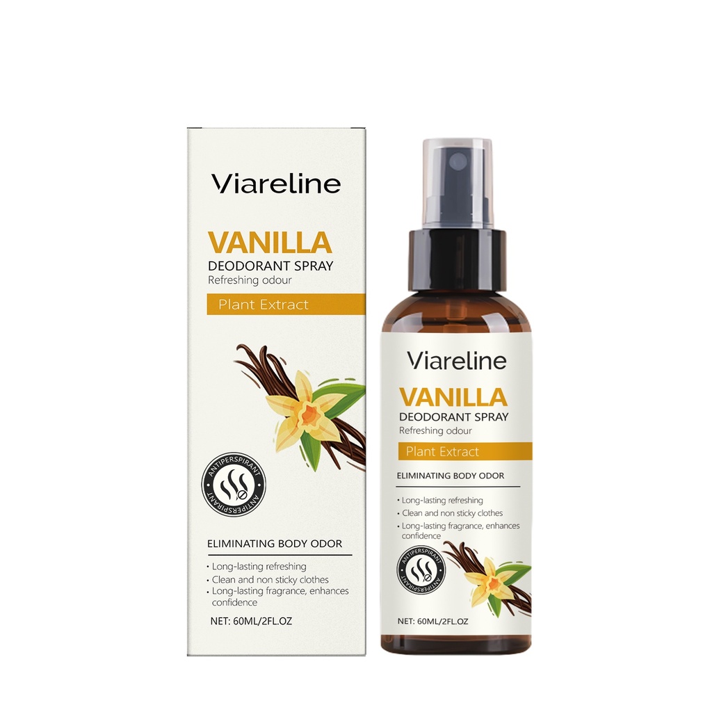 Viareline Xịt làm mới Vanilla: Loại bỏ mùi và mồ hôi với hương thơm tự nhiên, làm mới cơ thể và hương thơm lâu dài