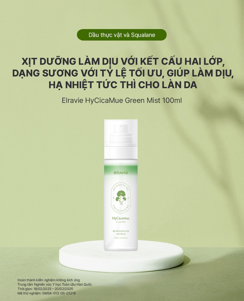 Xịt Dưỡng Cấp Ẩm, Làm Dịu, Dưỡng Sáng, Chống Lão Hóa Elravie HyCiCaMue Green Mist 100ml