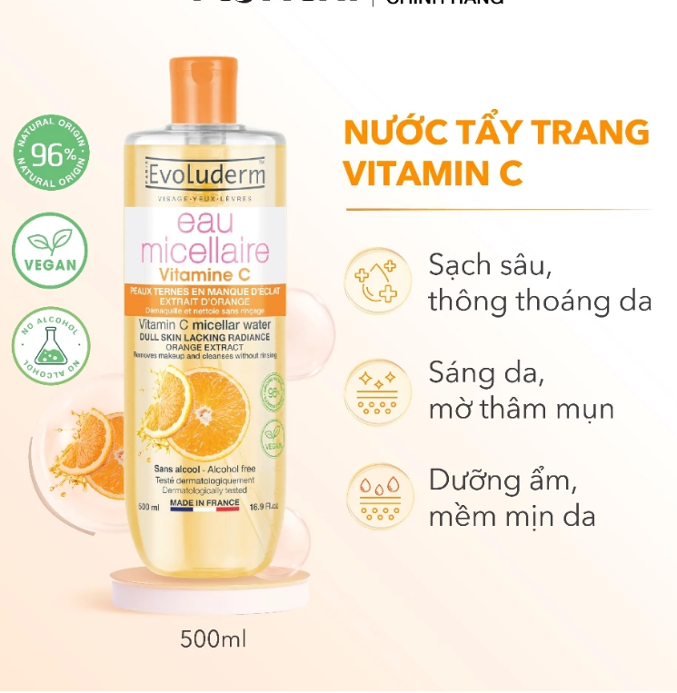 Nước tẩy trang Vitamin C thiên nhiên thuần chay Evoluderm giúp da trắng sáng, đều màu (Mới)