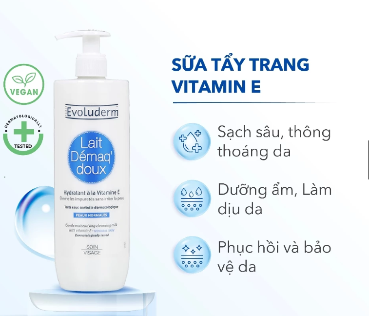 Sữa tẩy trang thiên nhiên thuần chay Evoluderm bổ sung Vitamin E 