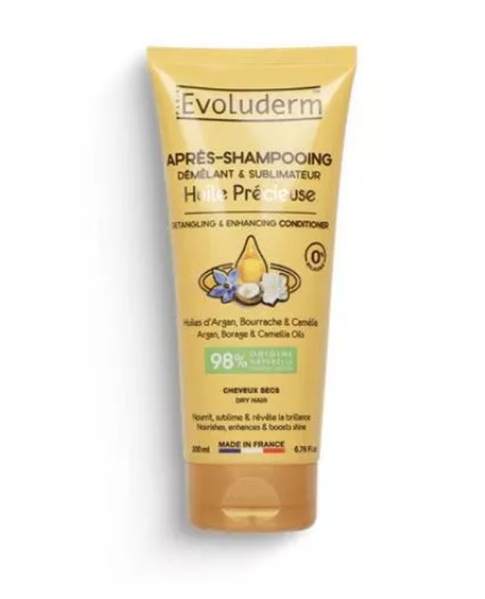 Dầu xả thiên nhiên không Silicon Evoluderm chiết xuất tinh dầu hoa trà, lưu ly và Argan dành cho tóc khô 200ml