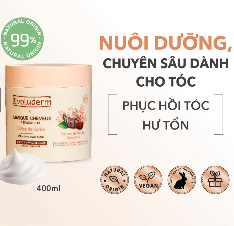 Kem ủ thiên nhiên không Silicon Evoluderm chiết xuất bơ hạt mỡ dành cho tóc dài, yếu 500ml