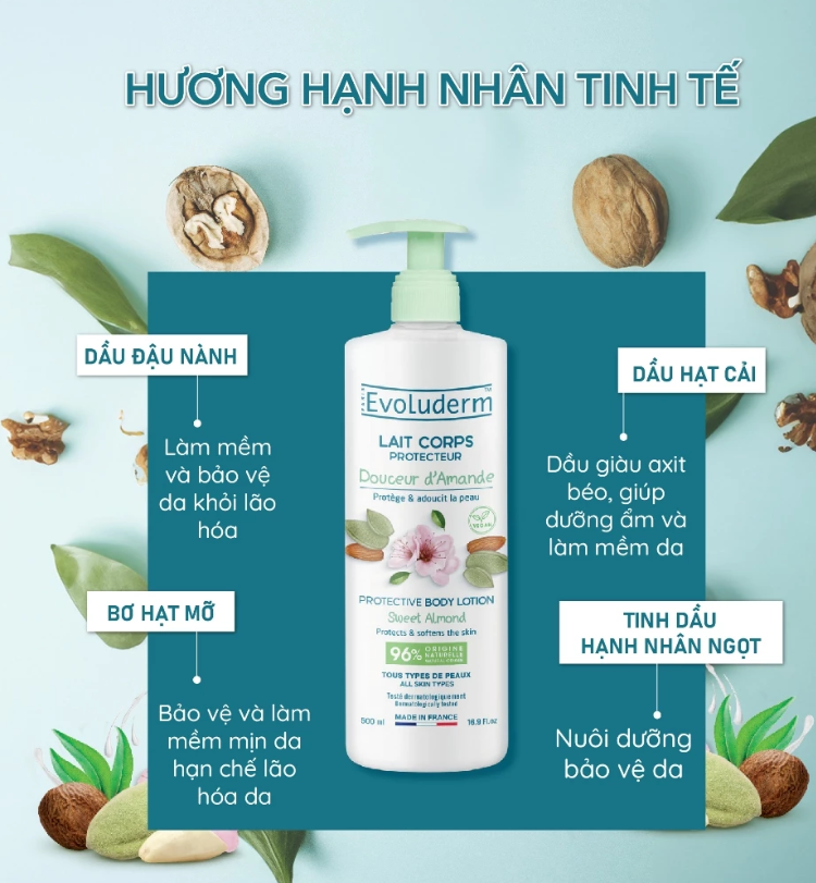 Sữa dưỡng thể thiên nhiên thuần chay Evoluderm tinh chất Hạnh nhân 500ml