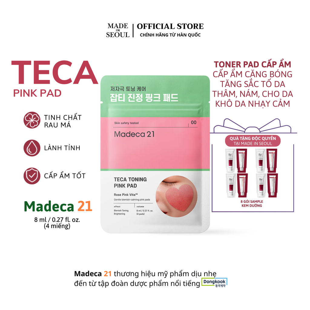 Miếng bông tẩm dưỡng chất Madeca 21 TECA TONING PINK PAD 8 ml